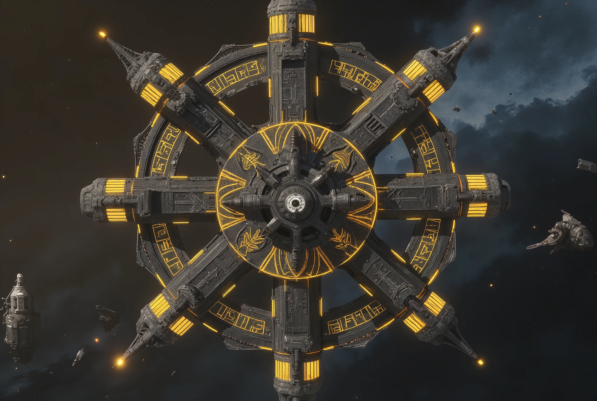 "A hyper-detailed, cinematic portrayal of massive Gothic steampunk star citadel in the grimdark style of Warhammer 40k, captured in ultra-realistic 32k resolution. The battleships have a Hexagram-shaped hull, with an imposing bridge and enormous gun turrets, each adorned with intricate, glowing golden runes that add an arcane touch. Gothic, cathedral-like arches, bulkheads, and other architectural flourishes to give them the appearance of imperial grandeur. The ship have a lot of reinforced hulls and bulkheads.
vessels possess transparent shields. Brutalist in design, the ships bear heavily armored, jagged surfaces engraved with dark religious symbols. Guns and rune-marked turrets extend outward, casting shadows that enhance their intimidating presence.
In the background, a misty star system spreads out, featuring cosmic dust clouds, scattered debris, and shadowed craters against a vast, starless void. The straight-on, full-shot angle provides a close view of these brutal ships, showcasing their grim, mechanical elegance as they drift silently through space. Cinematic lighting brings out the depth and detail in every engraving, armor texture, and metallic surface, with a subtle film grain overlay that adds realism and texture. The scene captures the haunting stillness and immense scale of Gothic architecture blended with futuristic warfare, creating a mystical, otherworldly atmosphere."