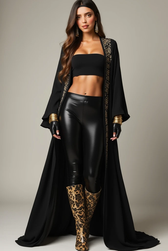 ((masterpiece, best quality, ultra-detailed, ultra-HD, photorealistic, cinematic)), (alluring female ninja), (surrealism), (wide shot, full body view:1.5), perfect body, sexy body, perfect face, perfect hands, delicate face, large cleavage, round ass, long round legs, (Sleek and pulled-back dark hair), (a ninja hood), (a sleek, form-fitting jumpsuit in dark hues), (tabi boots with split toes), (An intricately tied obi), (Aesthetic arm and leg wraps for added detail), (sensual pose), (gradient background:1.2), emerald green eyes, detailed pupils, deep red lips, blushing, slightly parted lips