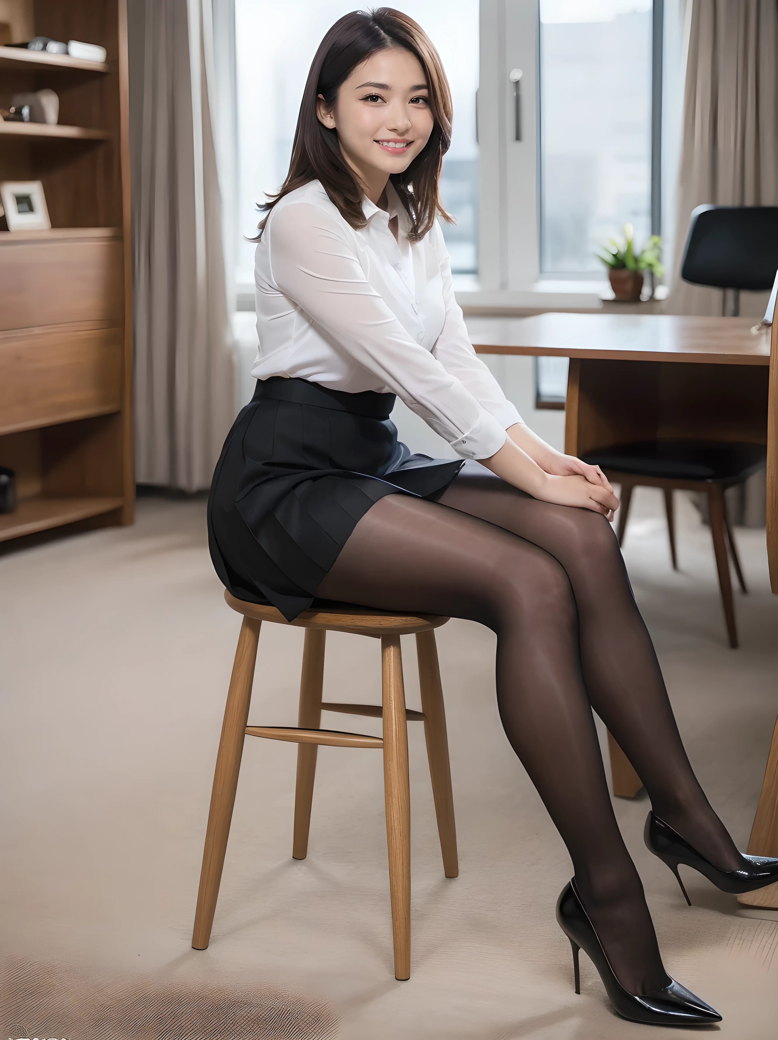 事務室で働くgirl, sitting on a office chair, (realistic, realistic: 1.37), (masterpiece), ( best quality: 1.4), ( super high definition: 1.2), ( RAW photo: 1.2), ( sharp concentration: 1.3), ( focus on the face : 1.2), elegant, (full body: 1.2), best quality, masterpiece, ( realistic: 1.2), girl, brown hair, brown eyes in the oral vagina , Front, Detailed Faces, Beautiful Eyes, Pleated mini skirt , ( Super realistic Pantyhose :1.3), sit on a chair、Intense smile, Lots of Lashes, high heels , Very Beautiful, thigh high socks,