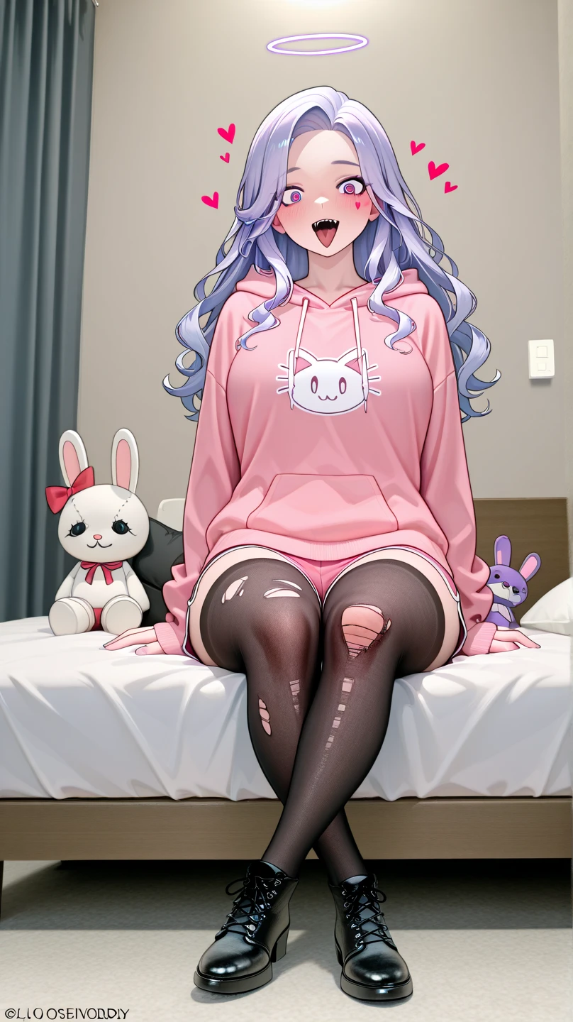 high quality, bokeh, solo, ((furry)), (wearing a diaper), striped stockings, lying on the bed, looking at viever, (wearing a hoodie)