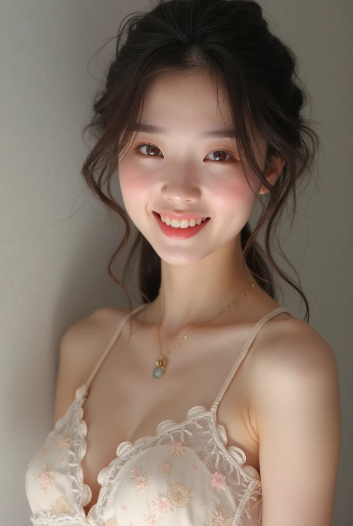 (realistic、masterpiece、Best Quality、8K、highres、white background, high resolution:1.3)、1 chubby girl:1.3)、(smile,show teeth), ((((very very gigantic sagging breasts:1.3))))、looking at viewers, black lace bikini、pale white skin、very blond hair ,very pale skin, ivory pale skin, very white skin, pale skin, very pale white skin, very pale white skin,white skin and pale porcelain, white and pale skin, fair and pale skin!!, long hair, looking at viewers、super fine face and eyes、long hair、 ((full breasts:1.3)), indoor、 upper body、
