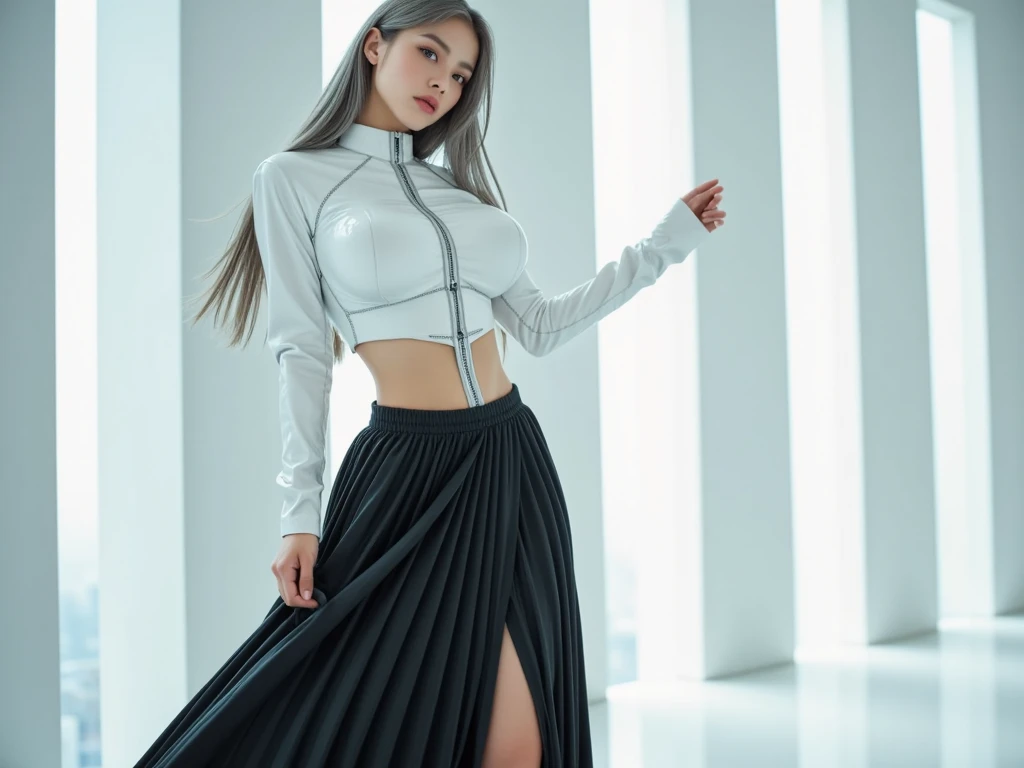 vivid,Normal chest,((between legs)),cute,(Detailed face),Sharp Eyes,Turtleneck sleeveless sporty lightweight(Silver)Clothes,Ultra-high resolution,（Photorealistic：1.7）,Black long hair,Gray background,