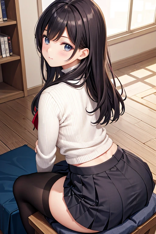 very cute and beautiful girl,(Very detailed美しい顔), (smile),blush,Black Hair,Seraphim,(Pleated navy blue mini skirt),Are standing,(From below),(Lacy white panties), Wooden classroom,window,Distant Tree々and the city, (Highest quality,masterpiece:1.0),Absurd,High resolution,Super detailed,Very detailed,32k,8K resolution, Intricate details,Movie Scenes,Detailed Background,alone,Dynamic Angle,