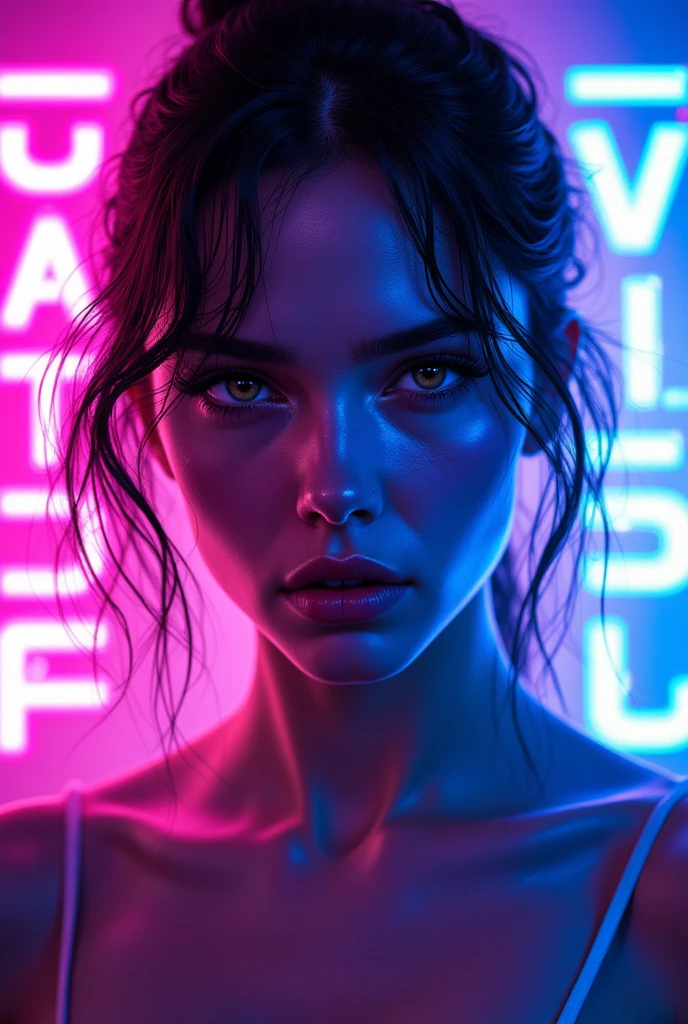 Vintage cyberpunk beauty、80s retro vibe、Pink and blue gradient、Large neon colored letters"vaporwave"Displayed as、Glitch Effect、Fantastic decoration、neon light、High Quality、8K、realistic、Professional photo-like、extremely detailed、vivid color、Bokeh