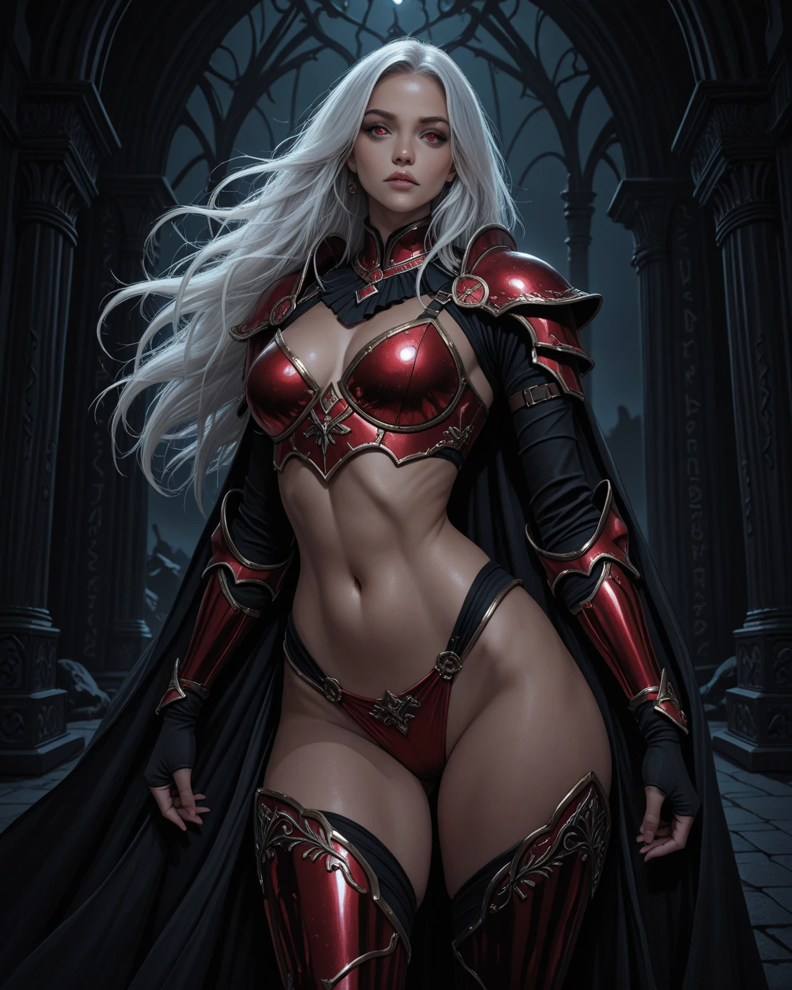 8k,ヴァンパイアの牙を持つGrey permed hair,Close-up of a queen with very large breasts(Ultra-realisticな肌), so beautiful(Like the real thing),Elf Ears,2. 5D CGIファンタジーアートワーク,Portrait of the Queen of the Underworld, Highly detailed art gems, Types of bacteria ; 3D Unreal Engine, demon queen, Big blow Loss Draw, Up to the model | Types of bacteria, Beautiful Succubus　Surreal　Exact details,Ultra-high resolution,Ultra-realistic,Luxurious red and black combat trousers,Sexy Costumes,Intricately crafted demon crest,A muscular and slim macho man,Muscular, slim-legged macho man,Rich colors, Backlight, Cinema Lighting, Film Grain, 50mm lens, Nikon D850,Ultra-high resolution,Ultra-realistic,compensate,Super sexy,smile,Super intense and has a strong abdominal muscle,Big eyes,Very large breasts,whole body muscular,,The supermarket is the moon,Dark purple eyeshadow,God of,Dark Purple Rouge,Sharp eyes,Golden Eyes,Red devil horns,Top view,close,Very large breastsの谷間を強調する,Gorgeous red and black long coat(Leather goods),Full body muscle pump,Grey permed hair,
