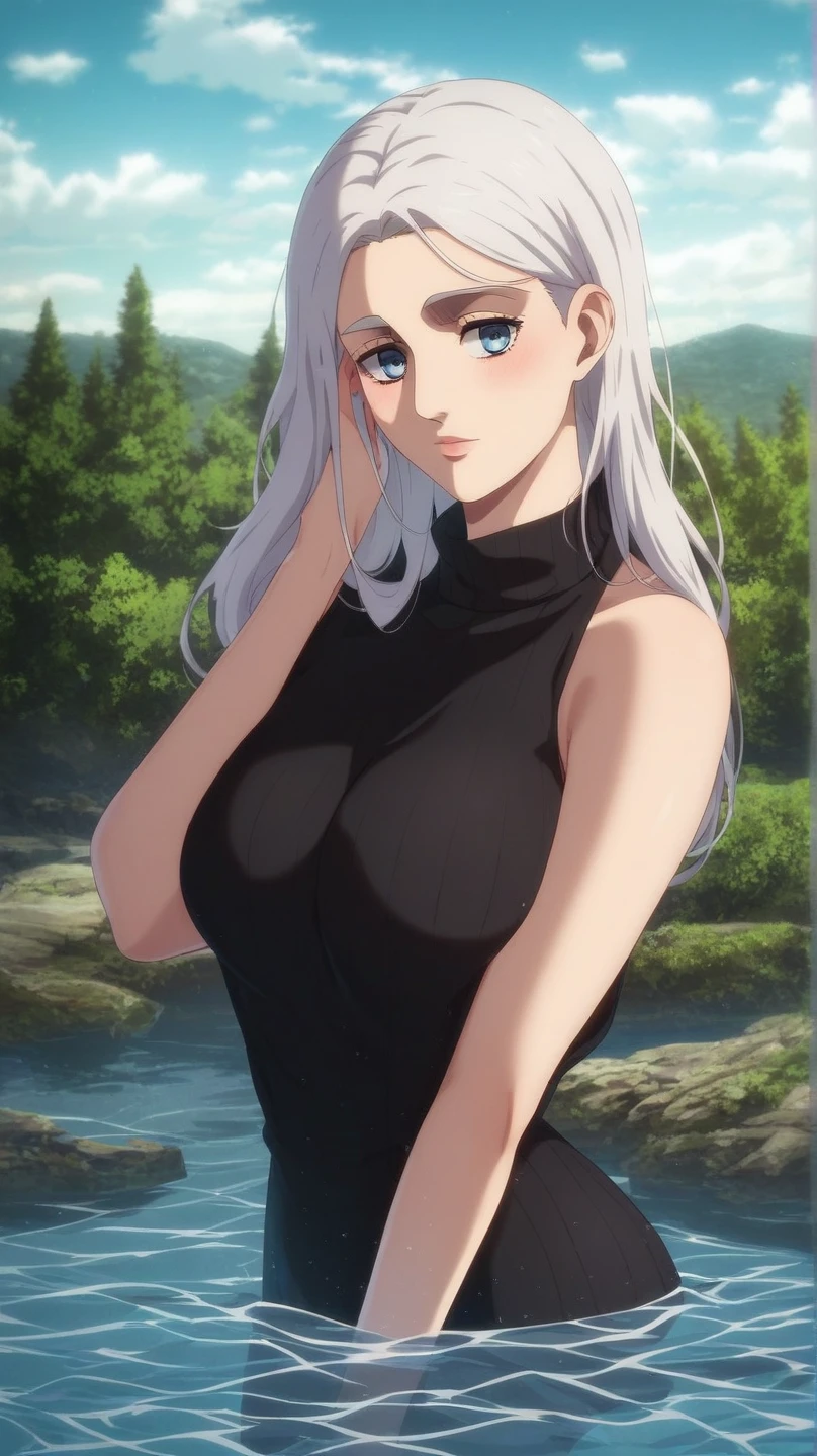 Carla Yeager, seductive, wearing a yorha 2B dress, in a garden full of flowers, beautiful, masterpiece, beautiful, high quality, high resolution, delicate face, beautiful skin, detailed skin, sharp focus,