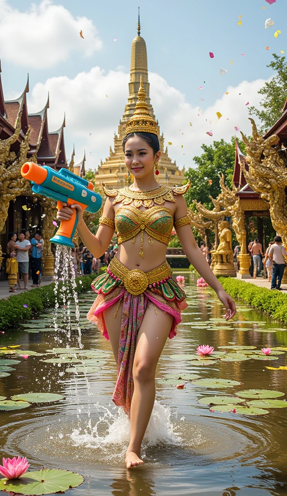 (thai woman),((highponytail)),(forehead),(Swimsuit with ethnic costume decorations:1.5),(enormous breasts:1.5),(Fantastic World:1.7),(Ocean:1.6), (Giant stone statue in oriental style:1.3),big smile,  (cowboy shot:1.4),8k, UHD,