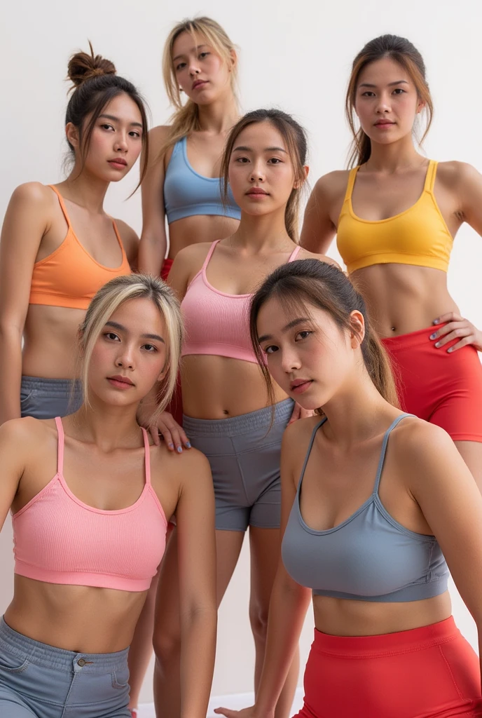 An happy vibrant and empowering diverse group portrait of young athletic women, from Cambodia, Malaysia and Thailand aged 25-34, who are fitness influencers. They exhibit the physique of top-tier women's physique competitors, with a focus on their strong and athletic builds, strong feminine curves. They are happy and confident, radiating positive energy and dressed in sporty tank tops and shorts, appropriate for a bootcamp-style workout. The image captures and highlights their dedication to fitness and strength without removing their femininity and beauty. The setting is outdoors, with a realistic feel akin to a photo taken with a Nikon D750, featuring a shallow depth of field. The portrayal is natural and authentic, celebrating their commitment to health and fitness female community, ultra realistic, high qualty, 8k, SOF, colorful