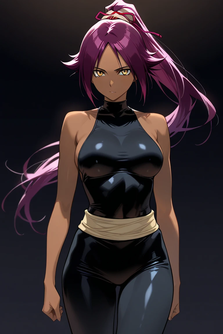 1 woman, yoruichi shihouin, dark skinned, long dark purple hair, ponytail, ((detailed eyes:1.2)), wearing tanktop, sexy, sensual, sleeveless, underboob, masterpiece, top quality, best quality, official art, beautiful and aesthetic:1.2), extreme detailed, colorful, highest detailed