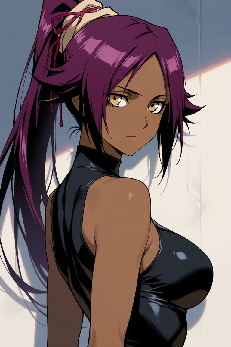 (masterpiece, best quality), intricate details, 8k, artstation, wallpaper, official art, splash art, sharp focus,
1girl, solo, <lora:bleach_shihouin-10:0.8> shihouin yoruichi, (dark skin, dark-skinned female:1.2), ponytail,
<lora:cropped-fc-v2:0.8> cropped-fc, underboob,