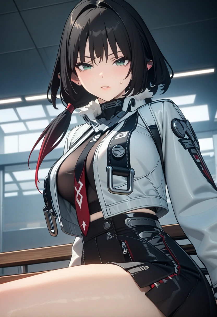 最high quality、best image quality、masterpiece、teenage girl((18-year-old、 By becoming、vest bust、medium bust,wide open breast tea、black eye, black hair、long hair、thin,highest valley、toned chest、white pilot suit、knee high boots、red jacket)),high quality、beautiful art、background((top of church at night)),debris flies、Depth of written boundary、movie、visual art、perfect art、8K,genuine