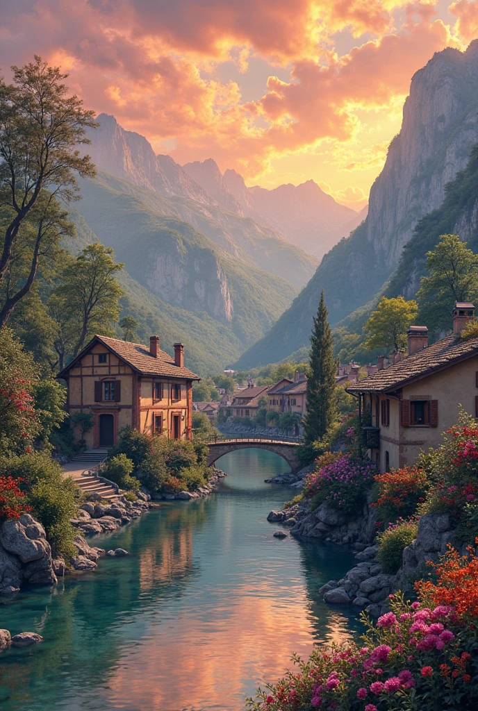 a small village by the river, mountains in the background, floral flowers colorful, detailed landscape, Beautiful natural landscapes, atmospheric lighting, scorching sunset, warm colours, practical, photopractical, Detailed Foliage, complex buildings, cobblestone street, Charming country house, swirly vibrant colors, lush vegetation, Still water reflections, Picturesque, idyllic, work of art, best qualityer, 8k, extremely detaild,anime styling
