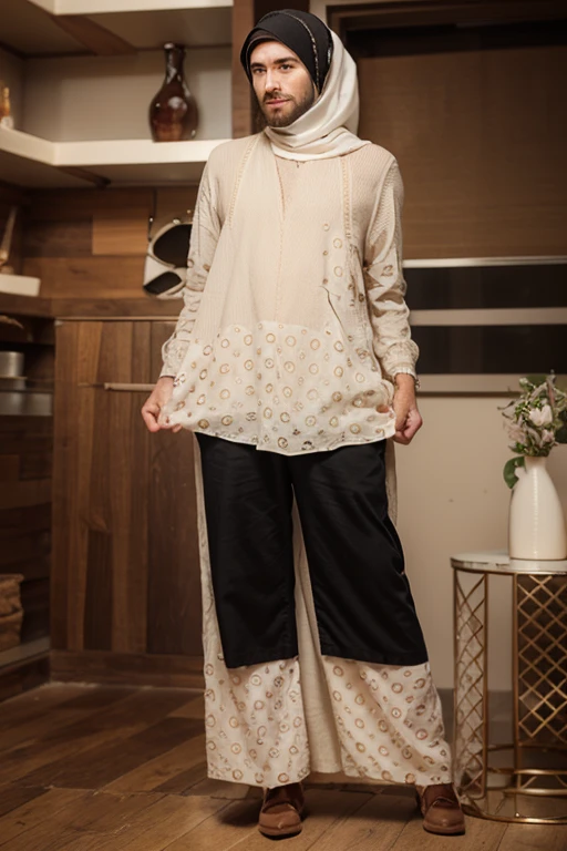 RAW, Best quality, high resolution, Masterpiece: 1.3), Beautiful Malay woman in hijab, Masterpiece, Perfect slim body, Beautiful big eyes, watery eyes, Soft smile, wet lips, big breast, ((wearing a tight light brown Malay shirt with floral motifs, batik, with a closed hijab)), a  diamond necklace, ((closed clotheodest clothes)),((wearing wearing a long pliskit skirt that reaches her ankles light brown),((full body:1.2))smilling, windy, skin details, skin texture details, thick thighorning time, smiling, happy, bright sunlight,seashore,blurred background, bokeh