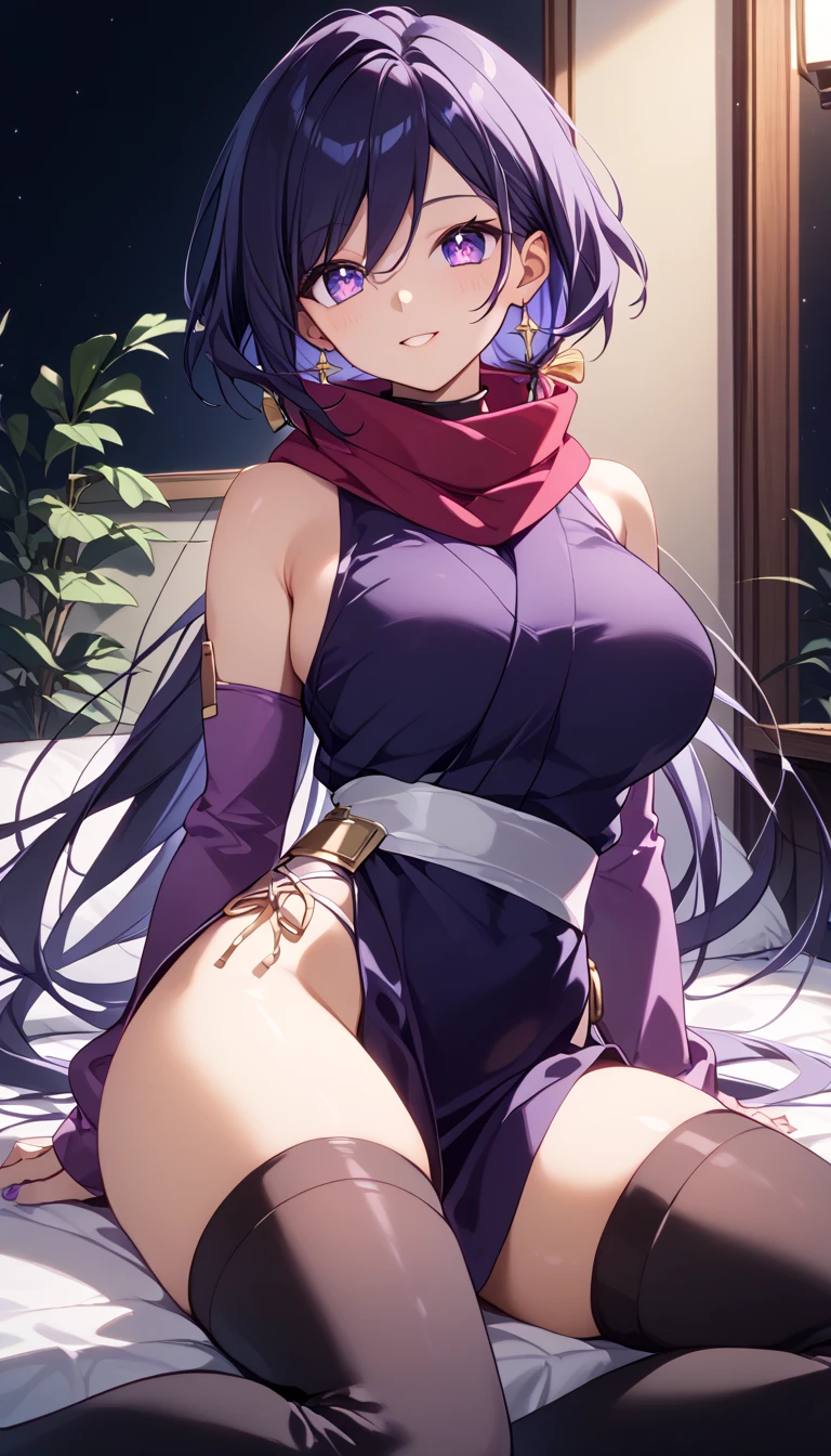 (best quality,4k,8k,highres,masterpiece:1.2),ultra-detailed,(realistic,photorealistic,photo-realistic:1.37),hinata hyuga from naruto, wearing purple saree, perfect body, fit figure of hinata, naughty smiling, cleavage showing, fit waist showing