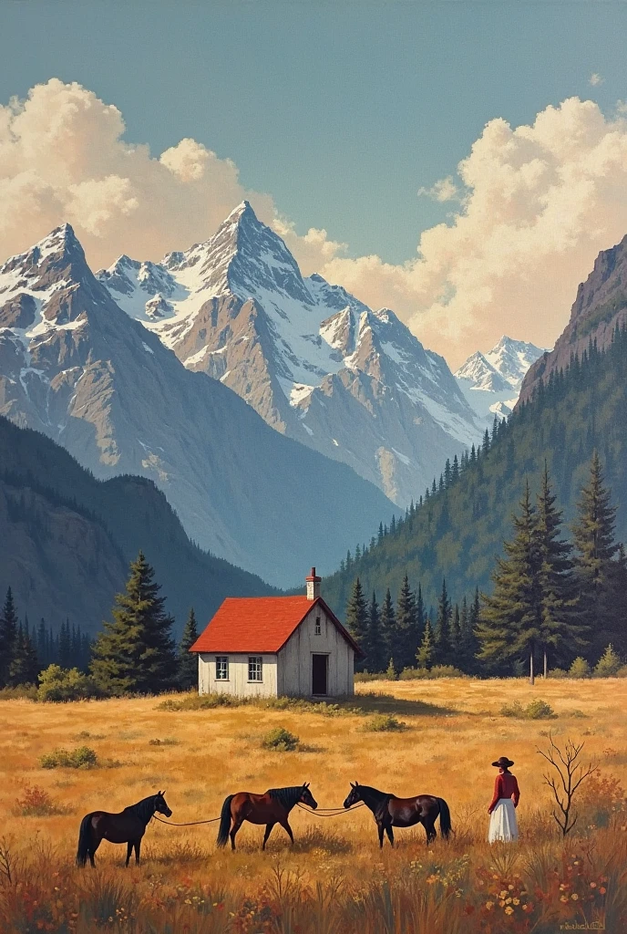 chat I'm going to paint a canvas and I wanted you to create an image for me what I don't know how to assemble in my head
inspired by Brokeback Mountain, e na musica cowboy like me da taylor swift.
In the end I wanted a little house and the mountains behind it and the scene of them tying one to the other and two horses

