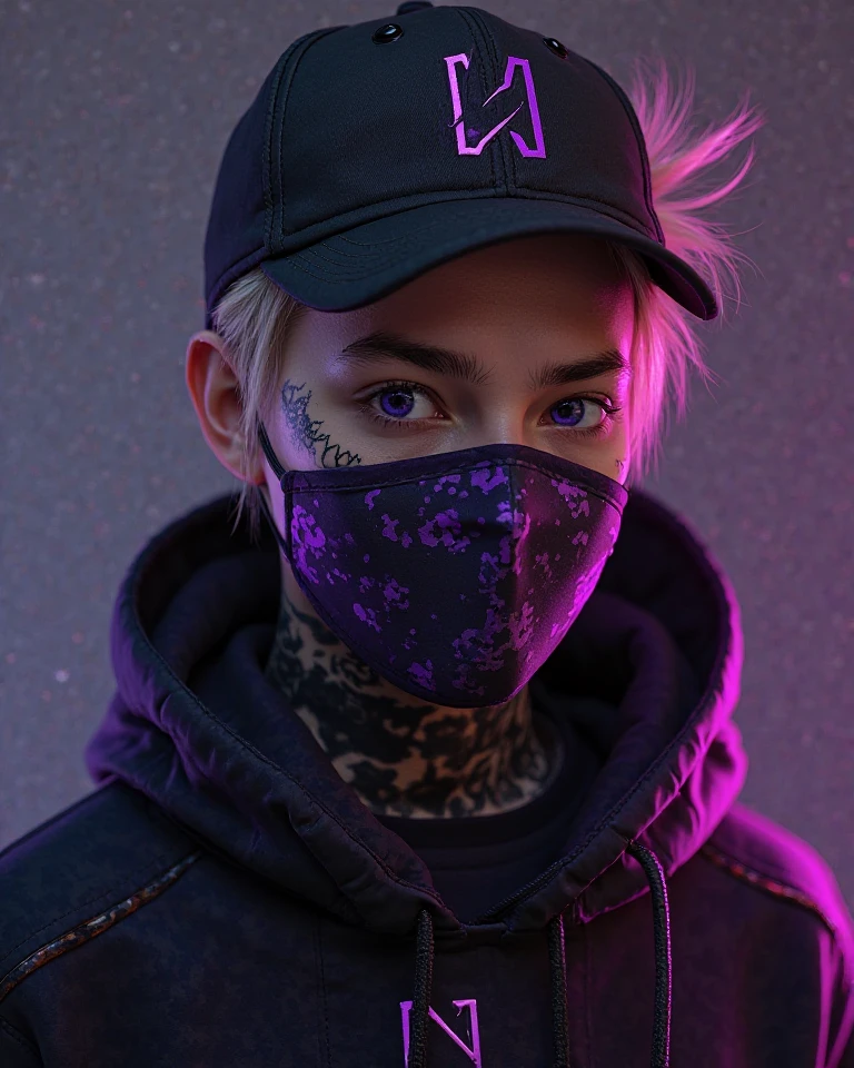 Noblapz Without Mask — Official Look and a Boy 

Rosto: Beautiful on the level “protagonist of Resident Evil mixed with an angel exiled from the deep web”. marked jaw, nariz reto, perfect skin with a mysterious air.

Cabelos: Brancos, with that slightly messy stylish cut, kind of strategic — like someone who woke up effortlessly handsome.

Olhos: Angelicais purple, sparkles as if they had their own light. When he faces, even antivirus locks.

 Expression: Firme, intense and enigmatic — as if hiding a thousand secrets and memories of interdimensional battles.

Pele: Clear with a slight metallic sheen in certain lights, as if it had been touched by heavenly energy.

Roupa: Continue with the black look with neon purple details, Tactical, futurista, looking like a digital punisher. She didn't let go of the drip — she just dropped the mask.

Height and physique: 1,85m, body defined lightly — agile survivor style, not bodybuilder.

 Striking detail : A thin scar in the shape of a digital “glitch” that crosses the corner of the right eyebrow — charm and history in one line.

With RoxoUltra HD cap and eyes, high quality, Best Quality, high resolution, 


Black and purple gamer clothing with hood with N-shaped drawstring

A man 