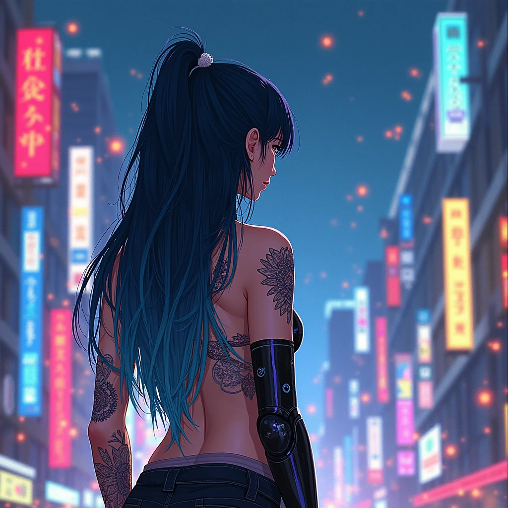 score_9, score_8_up, score_7_up, score_6_up, rating_questionable, 1girl
very long hair, black hair, aqua streaked hair, small breasts, slim, piercings, , full arm tattoo, small round ass, beautiful lips,  dynamic pose, aesthetic, perspective, solo, detailed, sensual look, outdoor, neon lights, wearing black pencil dress, nipple peek, deep cleavage, sexy smile, closed lips, low angle view, back view, ass focus