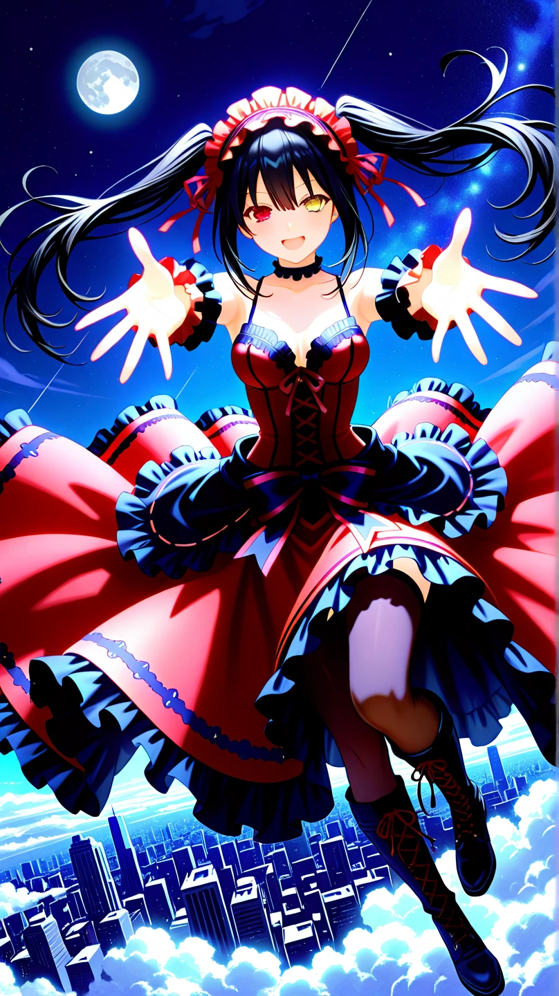 18 year old beautiful girl, masterpiece, top quality, 8K anime, 1 girl, detailed fingers, precise fingers, not unnatural hands, odd eyes, black hair twin tails, kurumi tokizaki, large breasts,