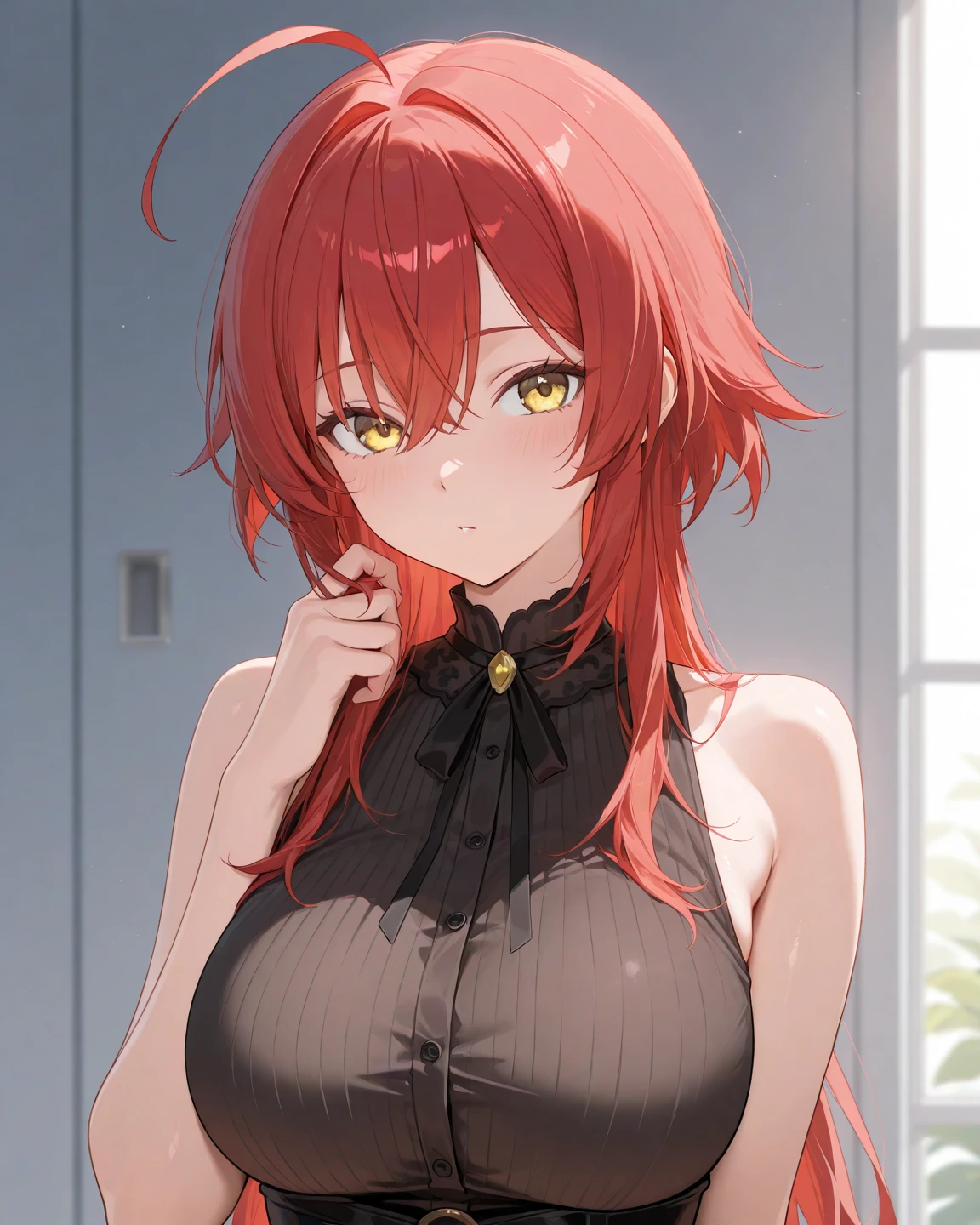 BREAK looking at viewer, BREAK outdoors, BREAK (masterpiece:1.2), best quality, high resolution, unity 8k wallpaper, (illustration:0.8), (beautiful detailed eyes:1.6), extremely detailed face, perfect lighting, extremely detailed CG, (perfect hands, perfect anatomy),makima, long hair, smile, bangs, (medium breasts:1.2), (yellow eyes:1.2),city,street,wet road,night, braid, red hair, braided ponytail, ringed eyes,japanese dress,black dress,neckline,cleavege,skinny fit,medium breasts,lace bra.