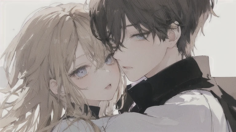 1 man, sharp blue eyes, sharp pupils, brown pointed hair, he wears a black robe, intimate hugs with his red-eyed wife ((41-year-old face))