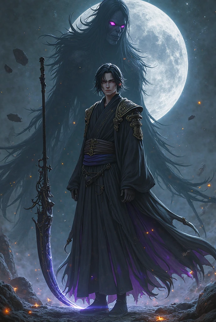 A powerful male character standing calmly in a dark, broken dimensional space. He has a handsome, youthful face without scars or mask. Long black flowing hair moves softly in a void-like wind. His eyes glow with a unique dojutsu — pure black with glowing violet rings, resembling black holes.

He wears a layered black and dark gray battle robe with ancient glowing runes, slightly armored with spectral bone-like shoulder pads. A dark aura distorts the space around him.

Behind him rises a shadowy Susanoo-like entity made of black mist and dimensional rifts, with glowing distorted eyes. He holds a large black scythe touching the ground, with space-warping energy wrapping around the blade.

The background shows cracked dimensions, floating debris, and a massive black moon in the sky. His expression is calm, cold, and godlike — the emperor of death and space.

Style: dark fantasy, cinematic, hyperrealism

Lighting: moody lighting, glowing effects, dimensional distortion

Mood: mysterious, godlike, apocalyptic

Resolution: 4K, ultra detailed, concept art

