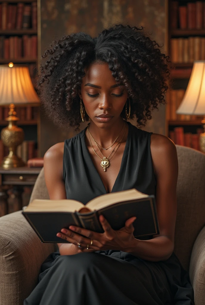 Black girl with wavy hair and a hat, sitting in a restaurant with a profile book, with pink dress and white fingernails