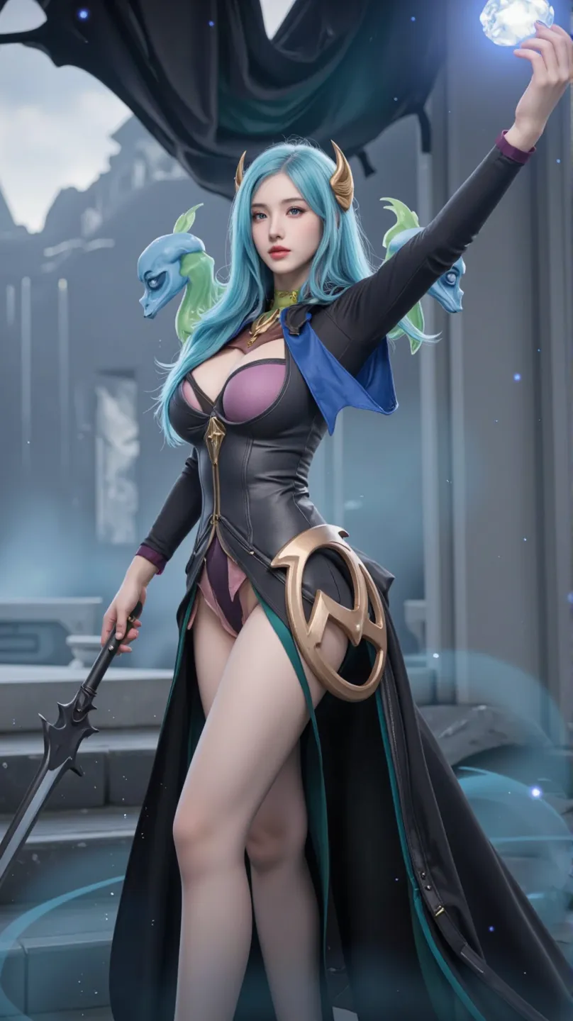 Full body:1 Witch woman, with black robe with white parts, holding a magic wand, blue rays behind her, staring at the viewer, she has (long blue hair) with braids and (green eyes), huge breasts, blue magic aura surrounding your body like a whirlpool, in a magical temple with emblems on the walls, anime style, symmetry, ray tracing, cinematic lighting, anatomically correct, 16k, highres, best quality, award winning, high quality, high details, UHD, masterpiece, ccurate