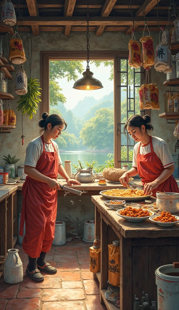 "A warm, detailed artwork of a small Vietnamese kitchen where workers prepare cá ét mọi products. One worker cleans fish for market, another fries fish to a golden crisp, and a third packs dried cá ét mọi into branded bags for specialty stores. The kitchen is lit by natural light, with a view of a nearby fish pond through an open window, highlighting the journey from pond to high-value dishes."