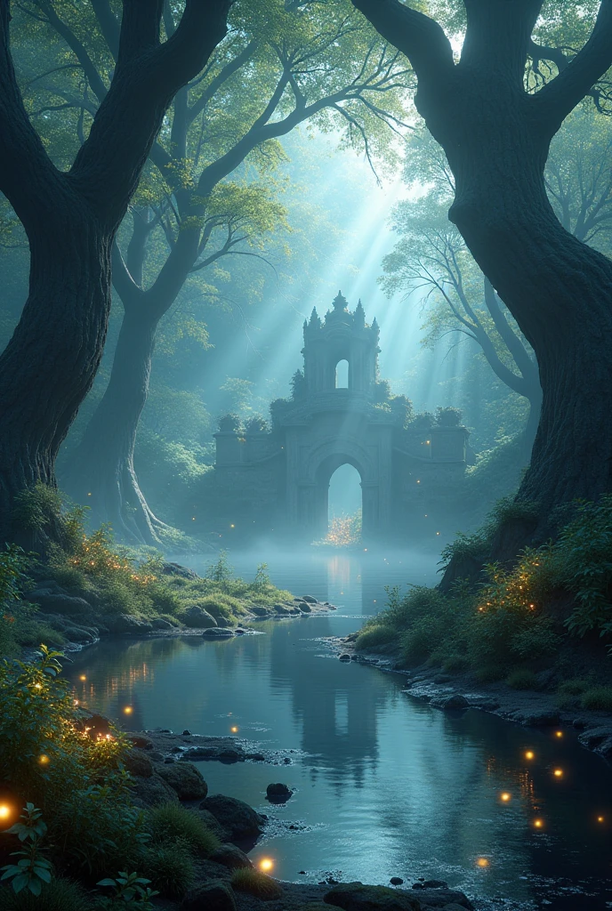 Fantasy enchanted forest, glowing plants, giant twisted trees, sunlight rays through leaves, mystical fog, ancient ruins, reflective lake, fireflies, Yugioh-style battlefield
