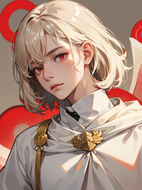 boy, red eyes, cream beige short wavy hair. have bangs. not have expression, sleppy. quiet. Background on school. expressionless. not have expression. little. have big eyes solo. he so calm. expressionless. sleppy. he a boy. he arrogant. cool boy. arrogant and sadist. he have red eyes. wear gakuran.