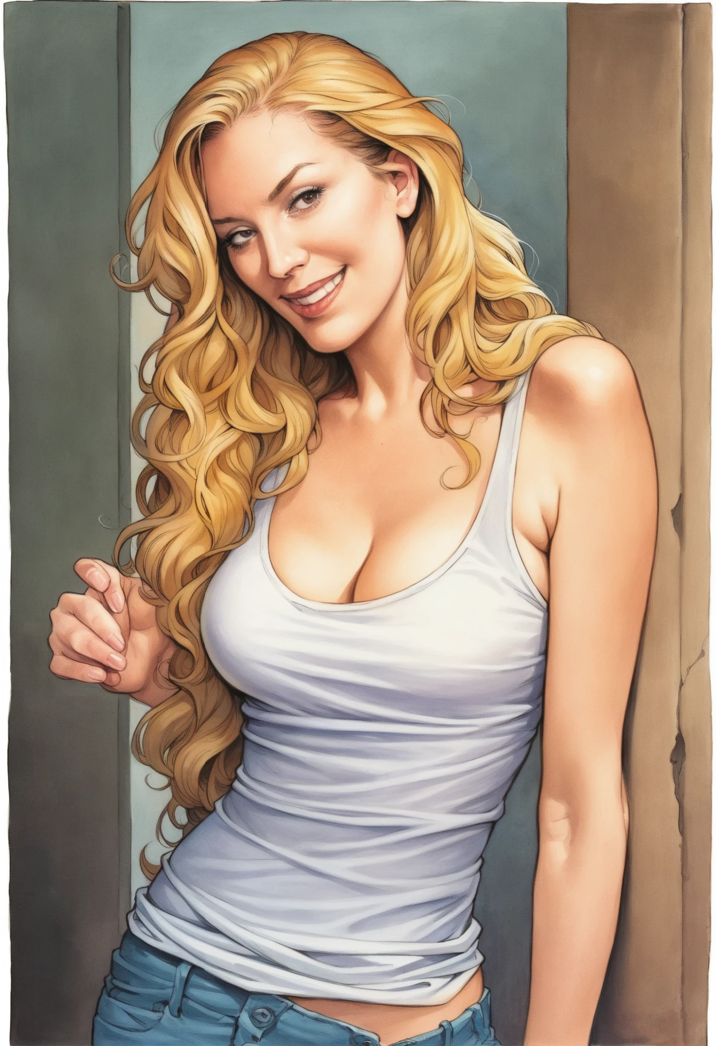manara, 1girl, solo, long hair, traditional media, a sensual woman changing clothes, she knows she is being watched and is smiling, voyeur, peeking through a keyhole, intricate detailed frame, high quality, cinematic lighting, warm tones, photorealistic, masterpiece, ultra-detailed, in sexy pose, naughty face, horny moment, long yellow hair, tanktop zPDXL, score_8_up, score_7_up, score_6_up, score_9, adult illustration
