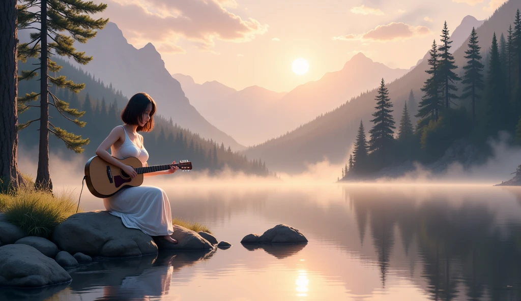 A woman in a long dress playing guitar beside a peaceful mountain lake at dawn, mist rising from water, surrounded by pine trees and glowing sunlight from behind, worshiping in solitude, spiritual nature worship, soft fog, pastel lighting, serene mood, highly detailed.
--neg: text, watermark, logo, extra limbs, deformed hands, distorted face, blurry, cartoon, anime style, low resolution