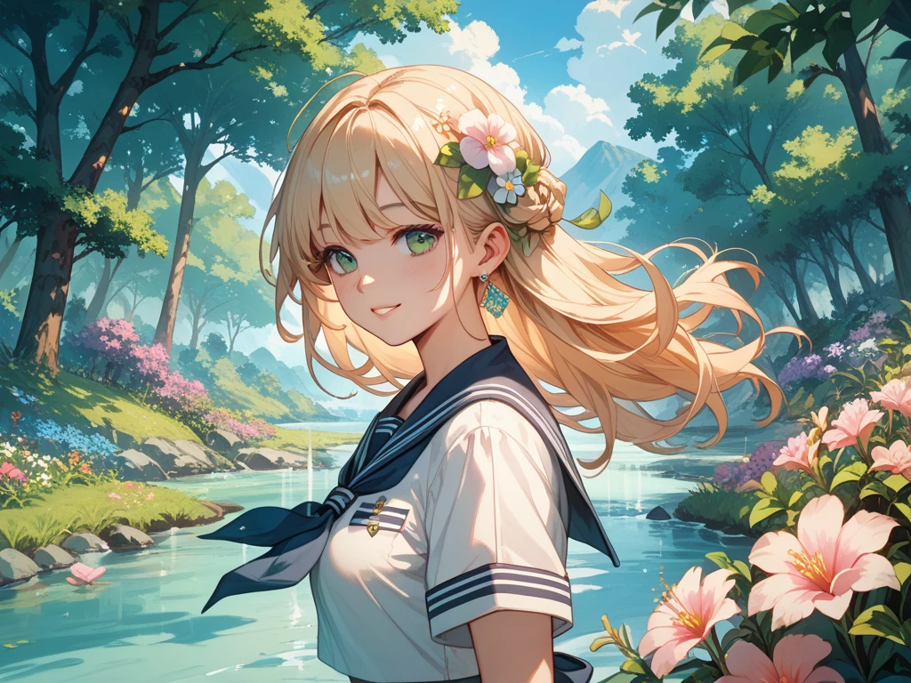 rural landscape、A woman is posing with a spring forest in the background、Female student in sailor suit、flower hair ornament、My hair is swaying in the breeze、Spring flowers are blooming beautifully、Green tree々
