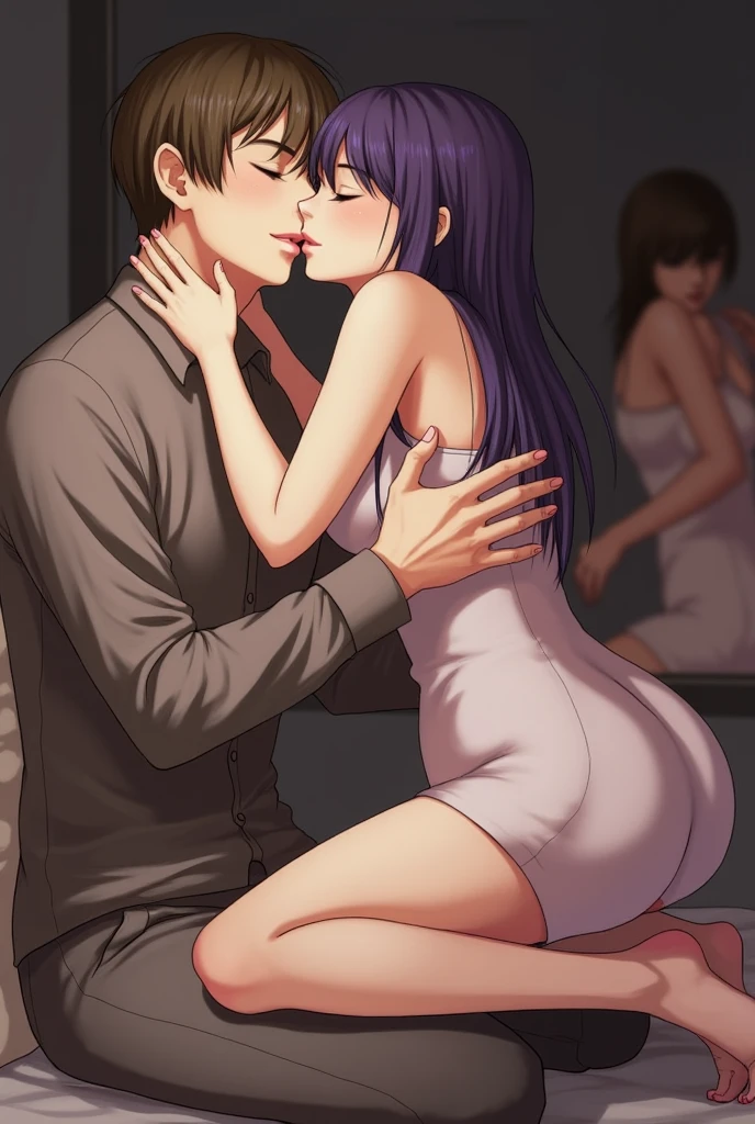 Hinata Hugo sits on a guy's dick while having sex with him on his face a playful expression, side view, Hinata kisses a guy with a French kiss, and her daughter Himawari gets laid in the background