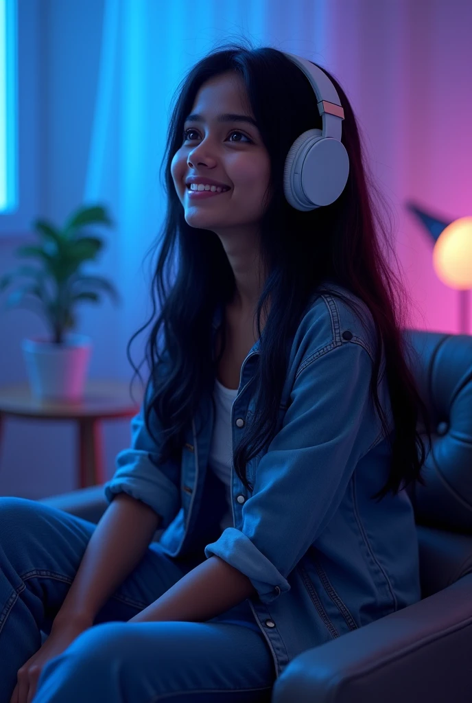 image of a beautiful indian girl with a beautiful smile and closed eyes sitting in the lotus position on the bed inside an apartment bedroom with pink and blue neon lights and a window that shows buildings outside, She wears headphones over her ears and is facing the window