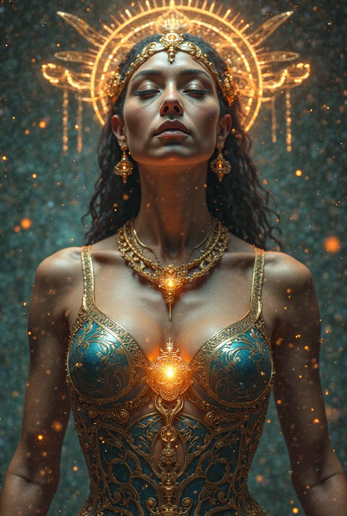 The goddess of wisdom and intelligence, head to breast, highly technologically advanced. High Resolution, Masterpiece, Award Winning, Best Quality, High Details, High Quality, UHD, Optical Illusion, Impressionism, Art Deco, Cinematic, Cinematography, Futurism, Hyperrealism, Photorealistic, Unreal Engine, 