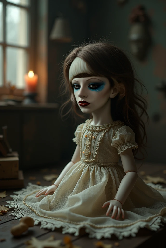 scary dolls,creepy porcelain dolls,hauntingly realistic eyes,old vintage dolls,dark eerie atmosphere,doll collection,cracked porcelain,antique dolls,tattered doll dresses,creepy smiling faces,haunted dollhouse,flickering candlelight,abandoned toy shop,creepy children's laughter,ominous shadows,evil possessed dolls,glassy doll eyes (best quality,4k,8k,highres,masterpiece:1.2),ultra-detailed,[dark lighting],hauntingly beautiful,doll parts scattered around,vintage doll carriages,ghostly pallor,spiderwebs and dust in the corners,creepy uncanny valley vibe,abandoned and forgotten,creepy dolls coming to life at night,antique doll furniture,unnerving silence,[horror],frozen in time,stitched up rag dolls,weathered and worn,rotting wood floorboards,whispering voices from the dolls,[distorted perspectives],sinister presence,crimson stains on the dolls,[monochrome color scheme],menacing atmosphere,creepy porcelain hands,cracked and chipped paint,creepy dolls lining the shelves