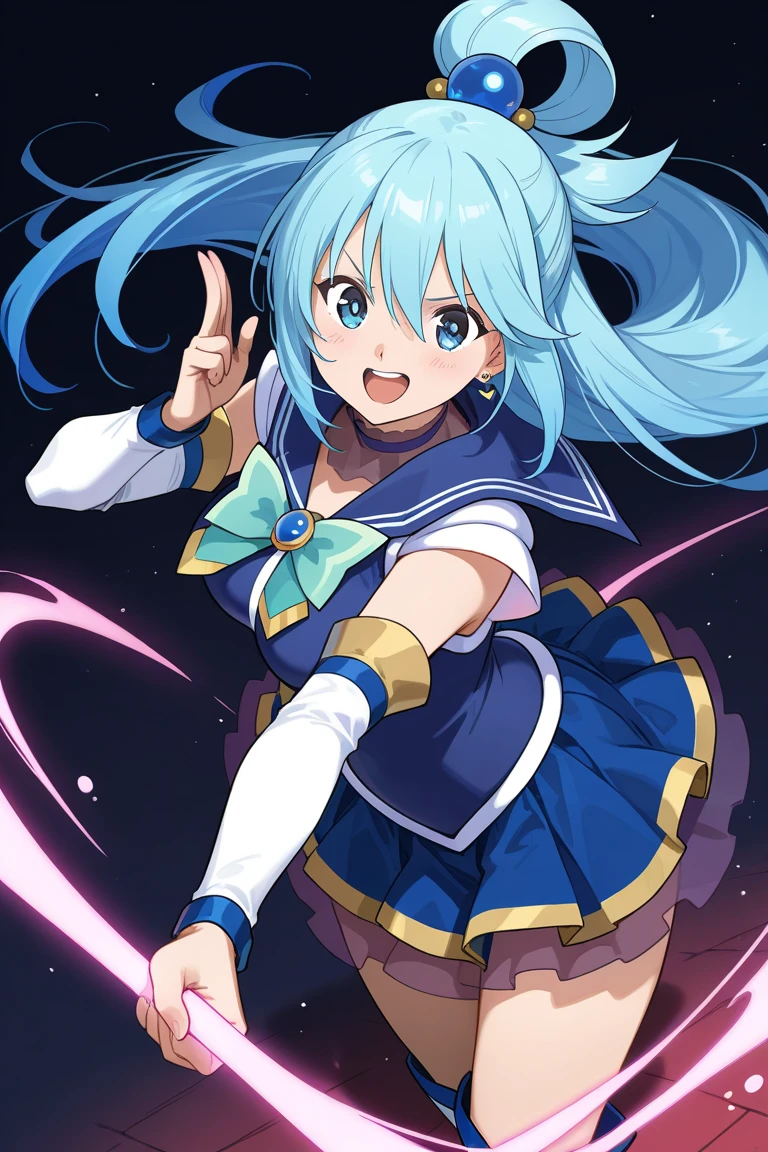 masterpiece, best_quality, ultra-detailed, illustration, art nouveau, viewfinder, looking at viewer, ((solo)), ((1girl)), magical girl, magic circle, blue wavy braids hair, smile, holding staff, mage staff, looking back, cute panties, bowing, salute, (cute, kawaii), bedroom,