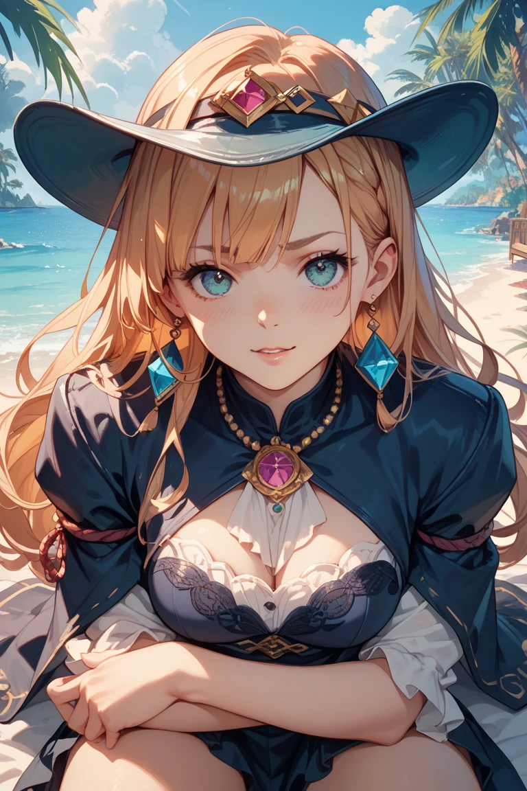 1 woman (navia) ,(genshin impact ),blonde,(wavy hair curl),  blue eyes , blush , looking at viewer, bikini (black) ,[ hat (black) ,yellow rose on hat], beach ,morning, big breasts.