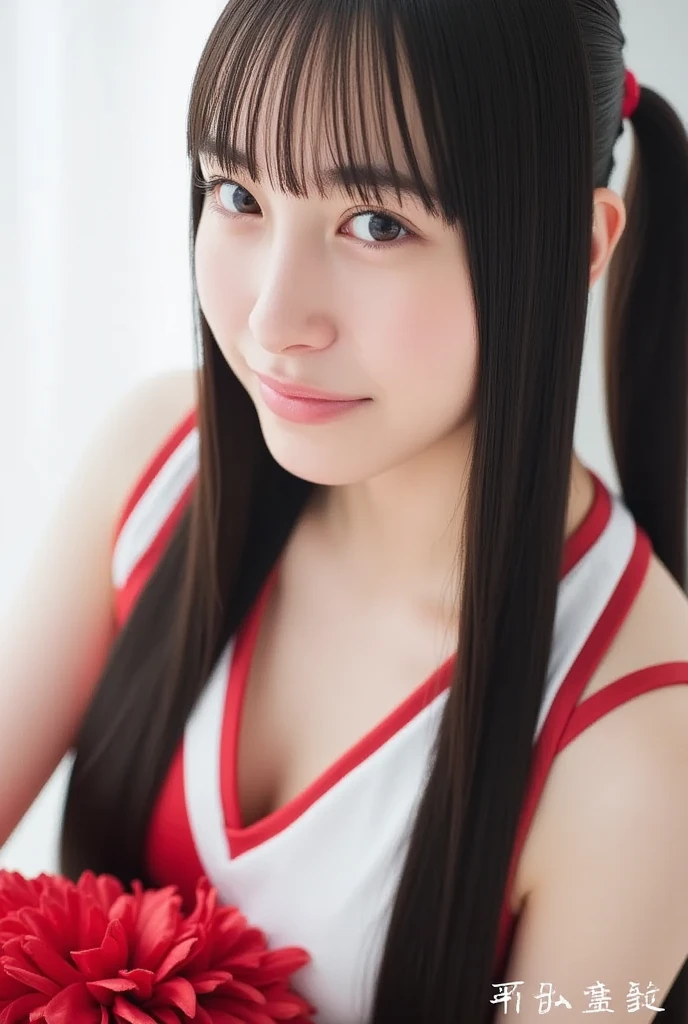 from below,8K、Detailed Description、Very high definition、Realistic、reality的、Real、live-action、reality、High resolution、full body shot,Nogizaka46、japanese idol,beautiful girl、21 years old、Angle of view that allows you to see the whole body、Pull angle of view、Basketball Goals、Red Basketball Uniform、Knee-up-top angle of view、Mouth closed、smile、Basketball court、Long Hair、Very black hair、Hair blowing in the wind、pretty girl、Beauty、Glowing Skin、Glowing Skin、Shiny Hair、Very white skin、Headband、Heavy makeup、Large Breasts、Embarrassed、Shyly、Slit eyes、Big Eyes、Double eyelids、Don't show your teeth、Cross your arms behind your hips、Bend over and peer at me