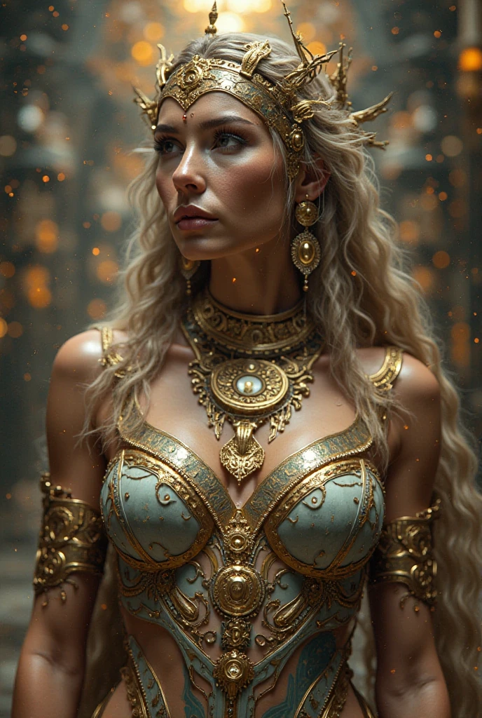 gold print body paint on a white woman's body, with Dark curly hair, gold jewelry on vhole body, photorealism 8 k,(( white skin, pale skin, white female android, white skin)), pale skin, naked, topless,big green eyes, Darka curly hair, jungle above, (( dark curly hair)), Darka curly hair, long hair, very long hair, big puffy breasts, cgsociety inspired, cinematic goddess body shot, deviantart artstation cgscosiety, trending on artstation 4k, glossy skin, trendin on artstation, afrofuturistic, trending in artstation, digital concept art, cgsociety 8k