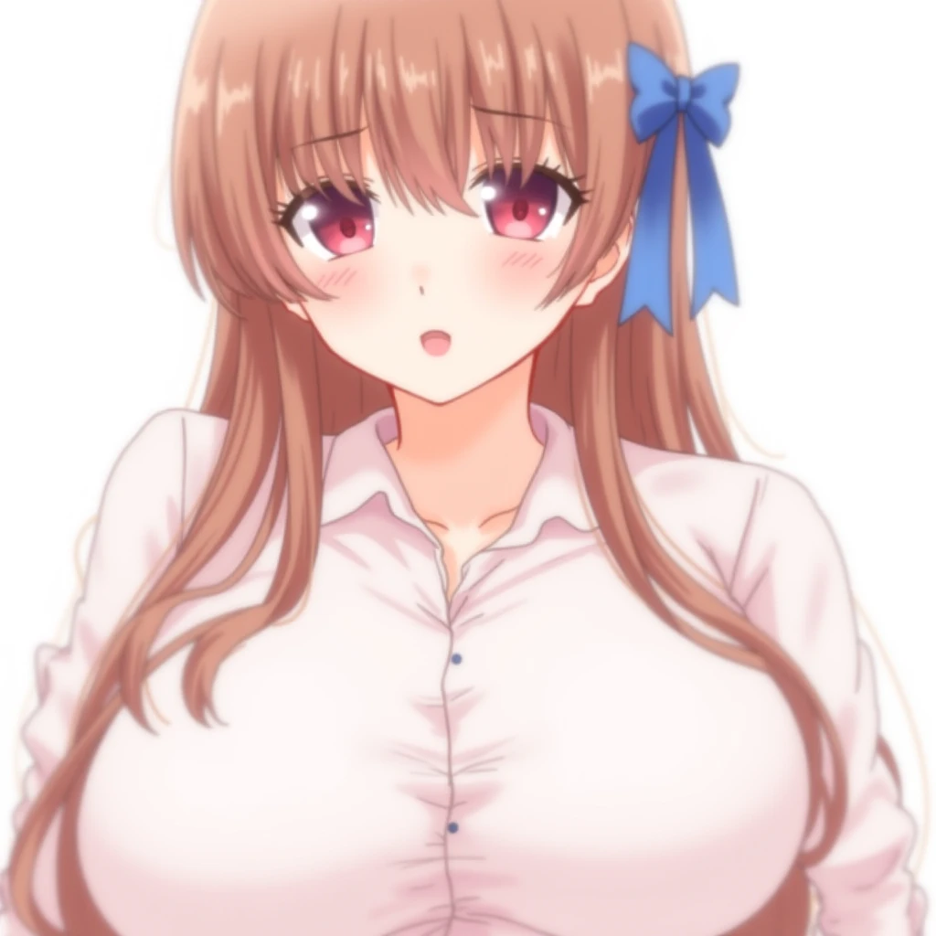 Cutesexyrobutts style, 1girl, breasts, solo, long_hair, ?, red_eyes, looking_at_viewer, large_breasts, cleavage, blush, upper_body, bow, brown_hair, red_bow, bowtie, closed_mouth, bangs, simple_background, cleavage_cutout, long_sleeves, clothing_cutout, red_bowtie, gradient, gradient_background