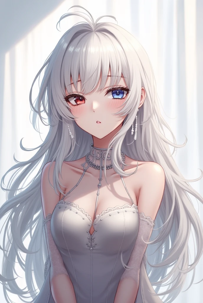 1girl, anime, cute girl, blank background, white background, fantasy, detailed dark fantasy dress with highlights, beautiful face, beautiful eyes, dark colors, silver hair, slightly small breasts, slight cleavage, beautiful skin, cute, breast curtains, extremely delicate and beautiful, (beautiful detailed face:1.0), (detailed deep eyes), symmetrical breasts, deep eyes, shiny skin, portrait, slender waist, hips wider than shoulders, thighs, young girl, expressionless, luminous eyes