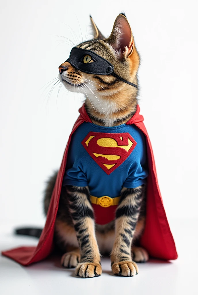 Short-footed cat, ((Superman costume)), Spectacular sights, Dynamic Camera, Backlight, (closure:1.2), High-quality photos, Three-point lighting, Flash with softbox, 4K, Canon EOS R3, high resolution, Smooth, Clear focus, high resolution, Award-winning photos, 80 mm, F2.8, Bokeh