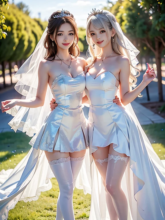 Highest image quality, 8K quality, masterpiece, professional writing, Two women with huge breasts are standing next to each other, Super big breasts compressed with clothes, Whitening skin, shining blue eyes, ,net neck mini dress, above the knee, Skirtliftv1, (Beautiful butt sticking out:1.5), Super big breasts straight ahead composition, (white panties), beautiful ass
