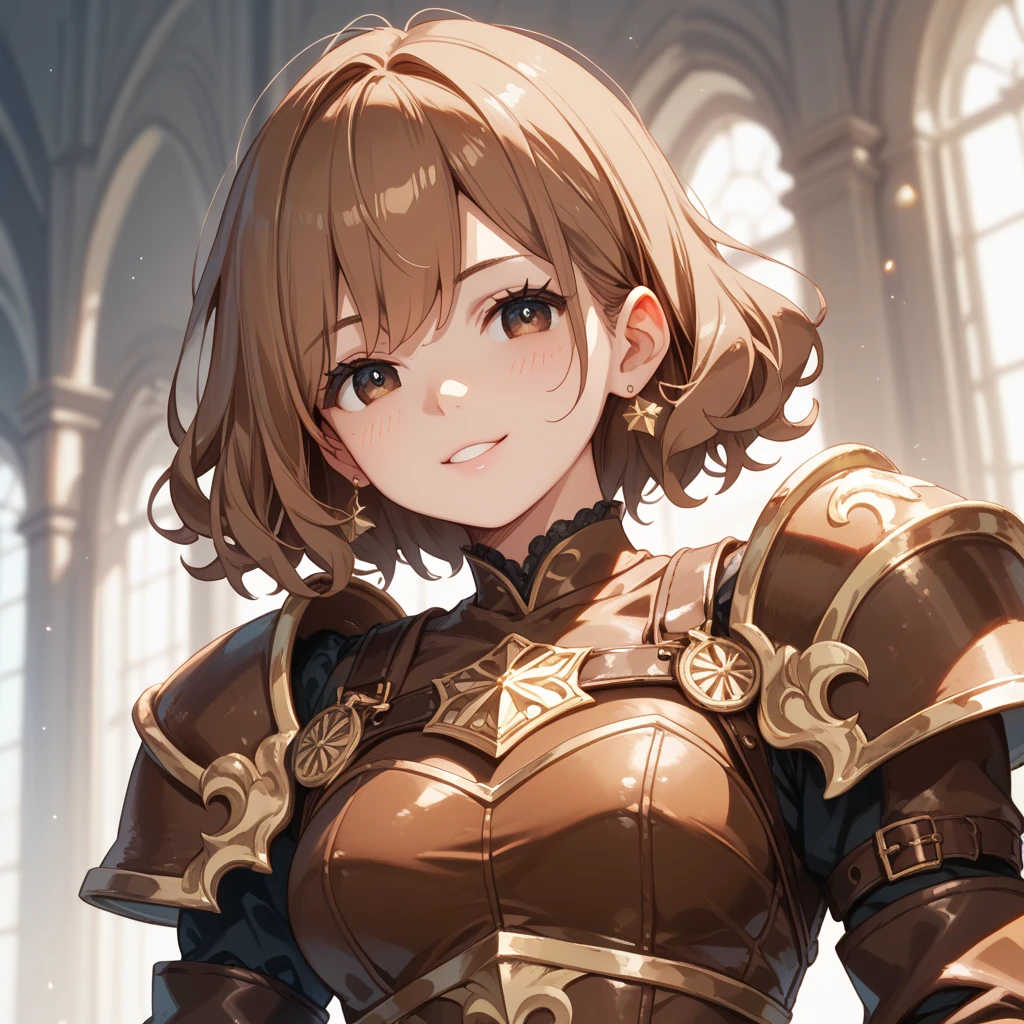 Brat, ((masterpiece)), High resolution, 10 years old、girl、 Brown Hair、Short Bob、((smile、Grin))、Embarrassed face、Sweating all over the body、Bright Blue Eyes、smile、((Grin))、Earrings、Disturbed、Light、Motion Blur、Simple armor、Handjob a man's penis、Women who enjoy watching 、lump of semen、semen dripping from penis:1.5