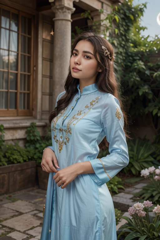 (best quality,4k,8k,highres,masterpiece:1.2),ultra-detailed,(realistic,photorealistic,photo-realistic:1.37),beautiful detailed eyes,beautiful detailed lips,extremely detailed eyes and face,longeyelashes,1girl,colorful traditional dress,ornate embroidery,richly-hued fabric,exquisite patterns,graceful posture,elaborate headpiece,flowing silky hair,intense gaze,majestic aura,proud and confident expression,carefully crafted jewelry,sparkling gemstones,gleaming gold accents,vibrant colors,delicate lace trim,elegant flowing skirt,intricate motifs,hand-woven texture,timeless elegance,royal blue shades,a touch of magenta,paisley design,traditional motifs,ethereal beauty,soft natural lighting,captivating backdrop of a castle garden,tranquil atmosphere,muted sunlight filtering through the trees,dappled shadows,subtle earthy tones,effortless grace and poise,regal presence,traditional charm,celebration of cultural heritage,photography,luxurious ambiance,perfect blend of tradition and modernity,illuminated by the soft glow of the setting sun,expression of timeless femininity