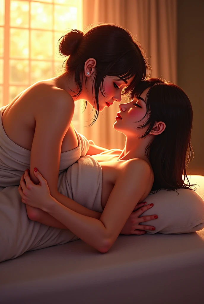 21 years old beautiful japanese woman,((perfect anatomy)), perfect hair style,wearing red bra,wearing red hotpants,in the room with boyfriend kiss