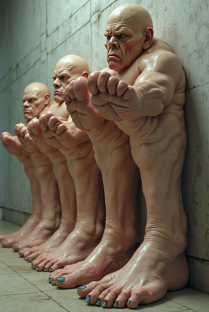 , multiple men, Handsome muscular shirtless bald man laughing,hands above head and feet in stocks,ribs tickled by hands of group of muscular shirtless men with various hairstyles, armpits tickled by hands , feet tickled by hamds, back tickling, neck tickling by hands, dungeon background ,
