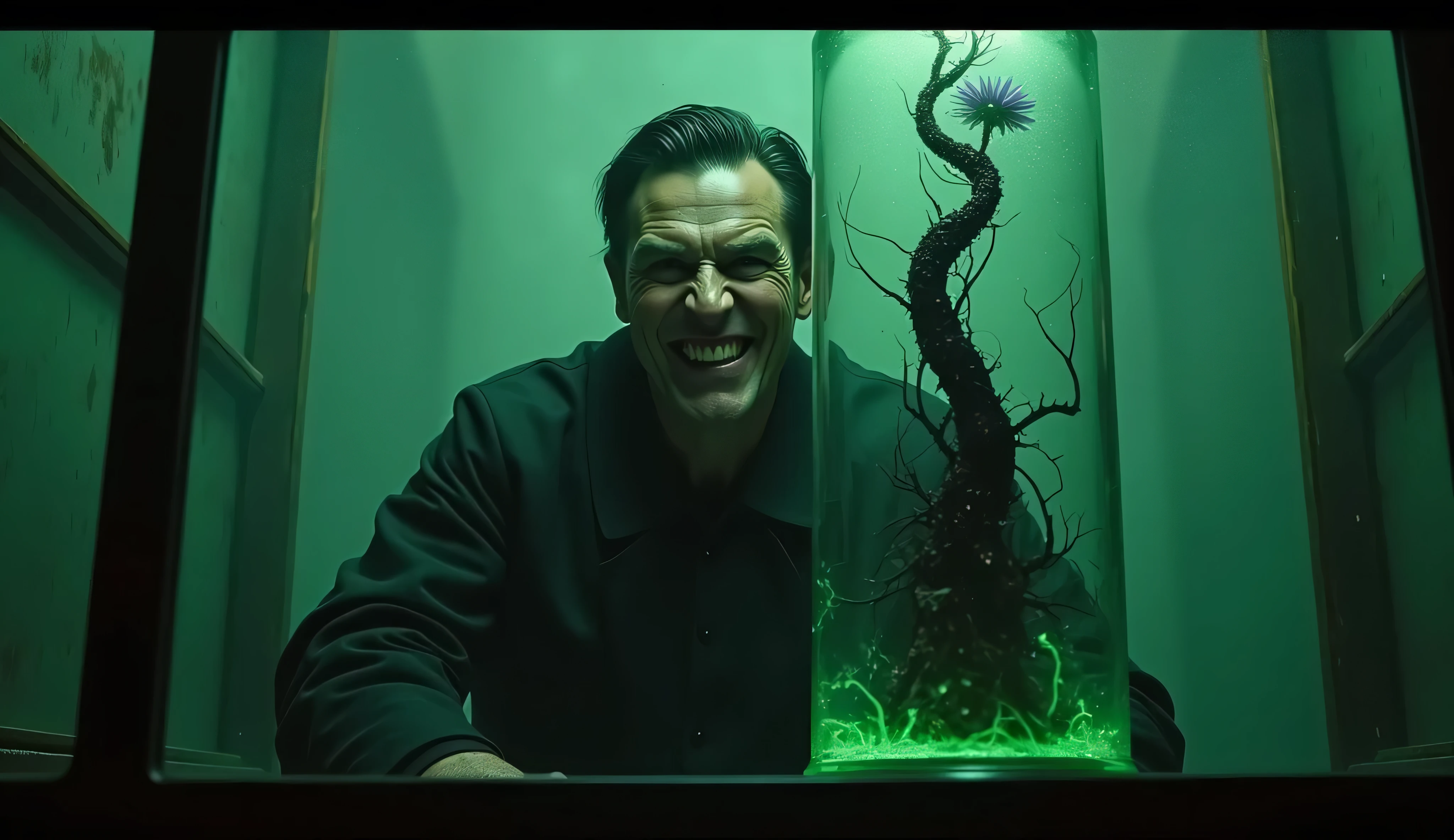 A super high-resolution 3D image of a man with an extremely horrified expression as the seaweed appears to grow inside him, wrapping around his veins and taking control of his body. His face shows clear signs of fear and despair.in the forest,darck,Green light